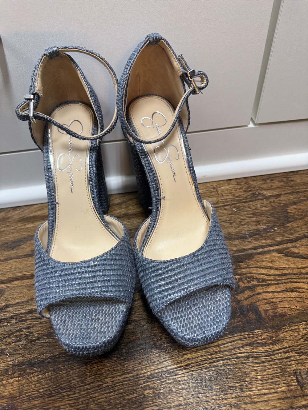 Jessica Simpson Blue-Gray Woven Ankle-Strap Platform Wedges
